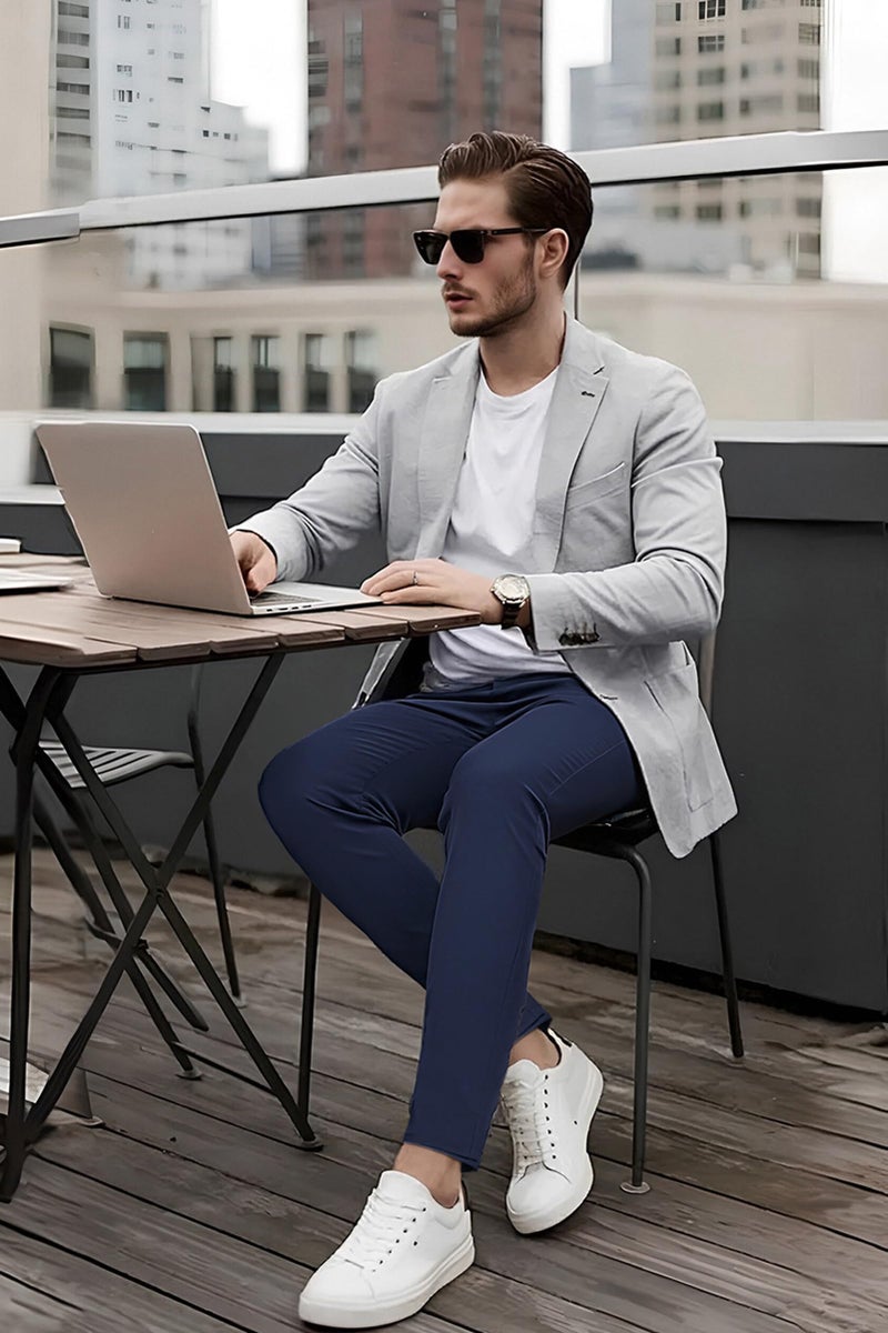Plaid&Plain Men's Skinny Stretchy Navy Blue Pants Colored Pants Slim Fit Slacks Tapered Trousers 819 Navy Blue 36X32 - Image 3